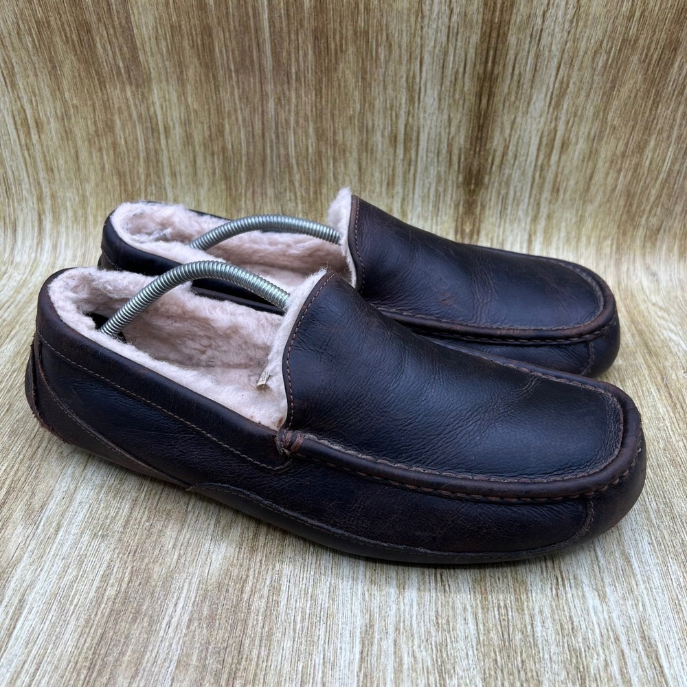 UGG Ascot Loafer Slipper Men's 13 Brown Pebbled Leather Shearling Lined 5379B